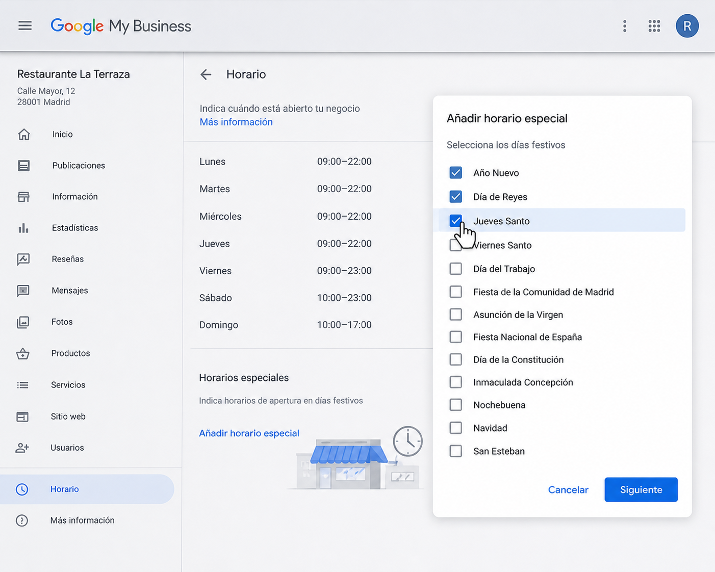 Imagen de Google Business configurando horarios especiales y festivos